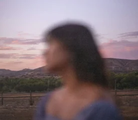 Out-of-focus person positioned before a rural landscape featuring hills, trees, and a pink and purple sunset sky