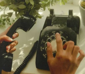 Hands operate a vintage black rotary telephone near potted plants on a bright windowsill