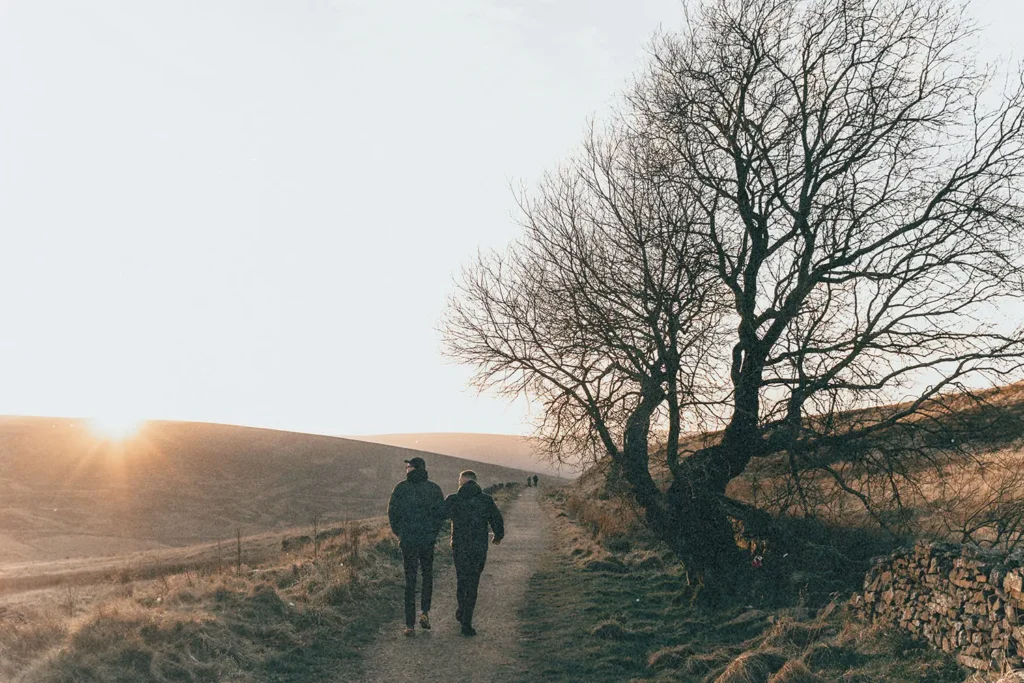 Two people walk along a dirt path through an open countryside at sunset, with a bare tree on one side