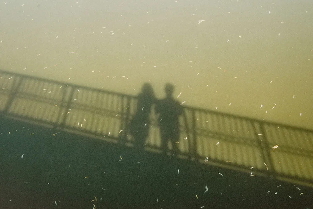 Shadowy silhouettes of two people standing close together on a bridge, captured from below