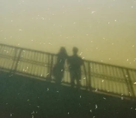 Shadowy silhouettes of two people standing close together on a bridge, captured from below