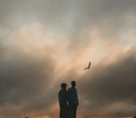 Two people stand together outdoors, silhouetted against a dramatic sky with soft, glowing clouds, while a bird flies overhead