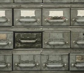 Close-up of an old metal drawer cabinet with worn labels and distressed handles