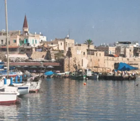 Boats and small fishing vessels float in a harbor beside stone buildings under a bright, clear sky