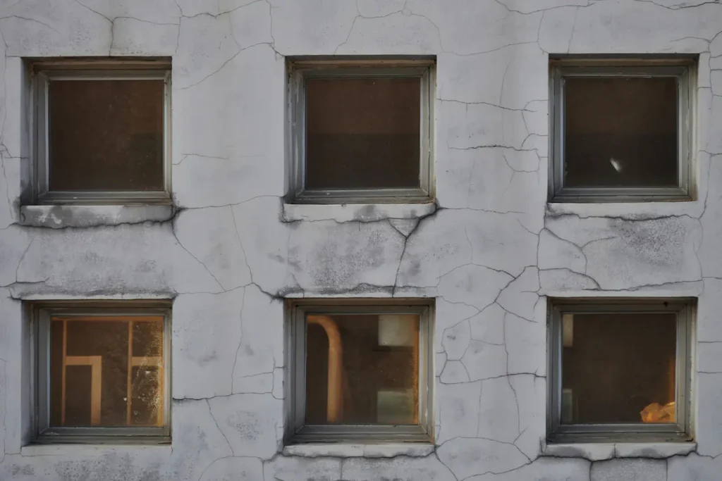 Six windows on a cracked cement building