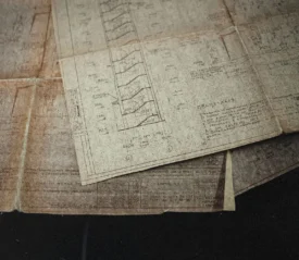 Table filled with papers of blueprints