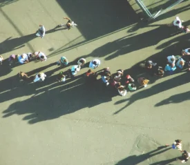 Aerial view of people standing in line