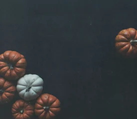 Dark background with small orange and white pumpkins