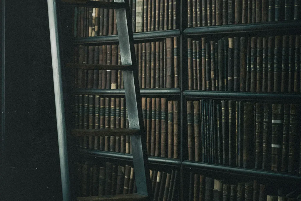 Library full of old books and a ladder