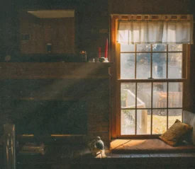 Sunlight streams through a window into a cozy wooden room with a fireplace and a cushioned window seat