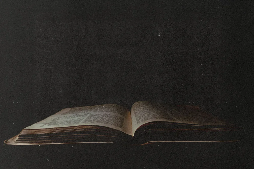 dark photo of open bible in a low light