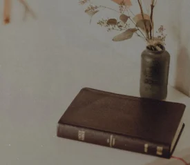 Closed Bible rests on a light-colored table beside a small vase filled with dried branches and leaves