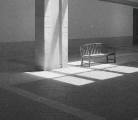Sunlight shines through tall windows onto an empty wooden bench in a quiet indoor hallway with tiled floors