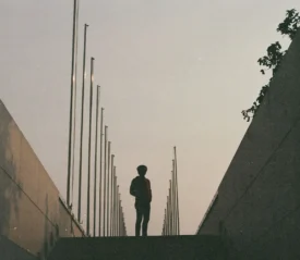 Silhouetted figure standing at the top of a walkway lined with tall flagpoles under a hazy evening sky