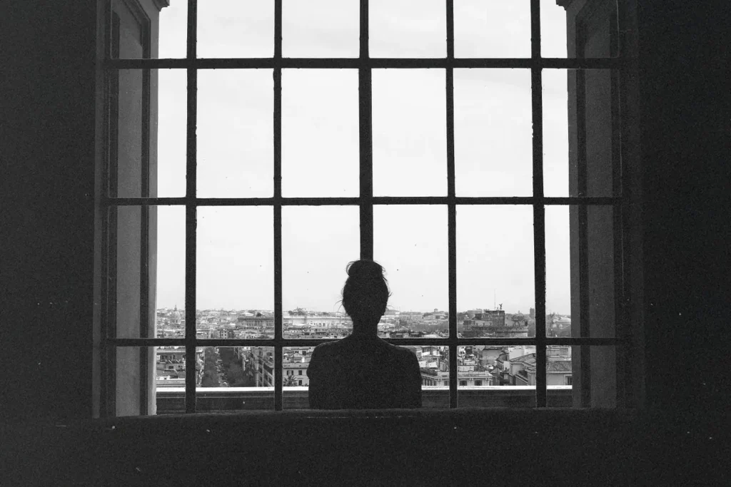 Silhouetted figure stands before a large grid‑paneled window, looking out over a sprawling cityscape