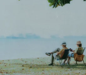 Two people sit in folding chairs near the shoreline, relaxing under a tree with calm water and distant ships on the horizon