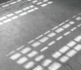 Bright rectangular patches of sunlight stream through a window, creating geometric patterns on a smooth floor