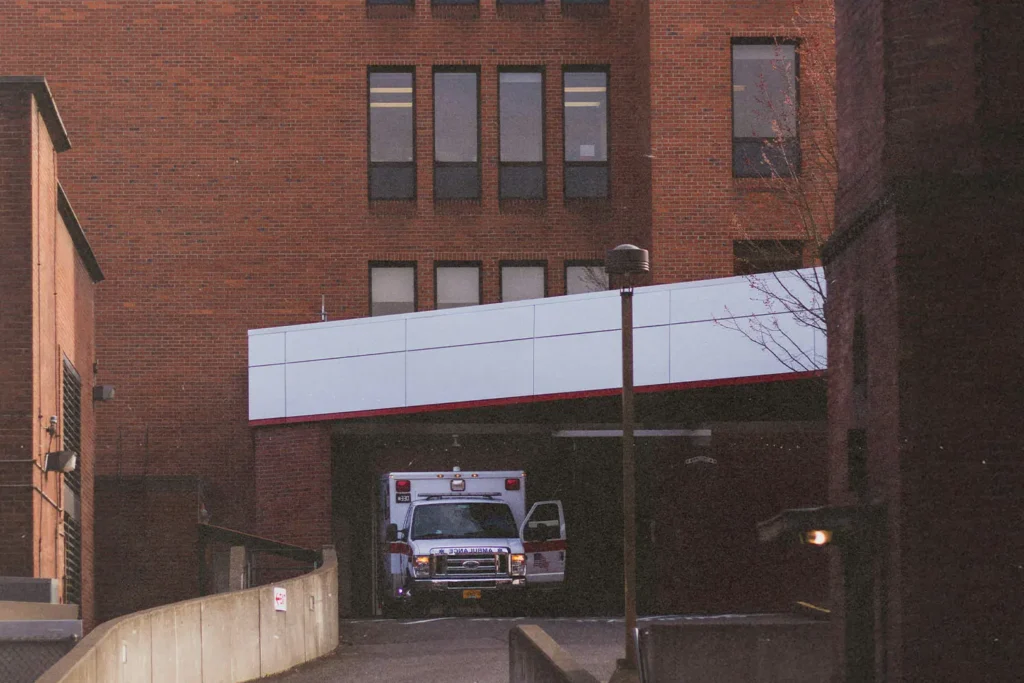 ambulance in front of a hospital