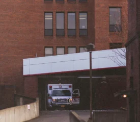 ambulance in front of a hospital