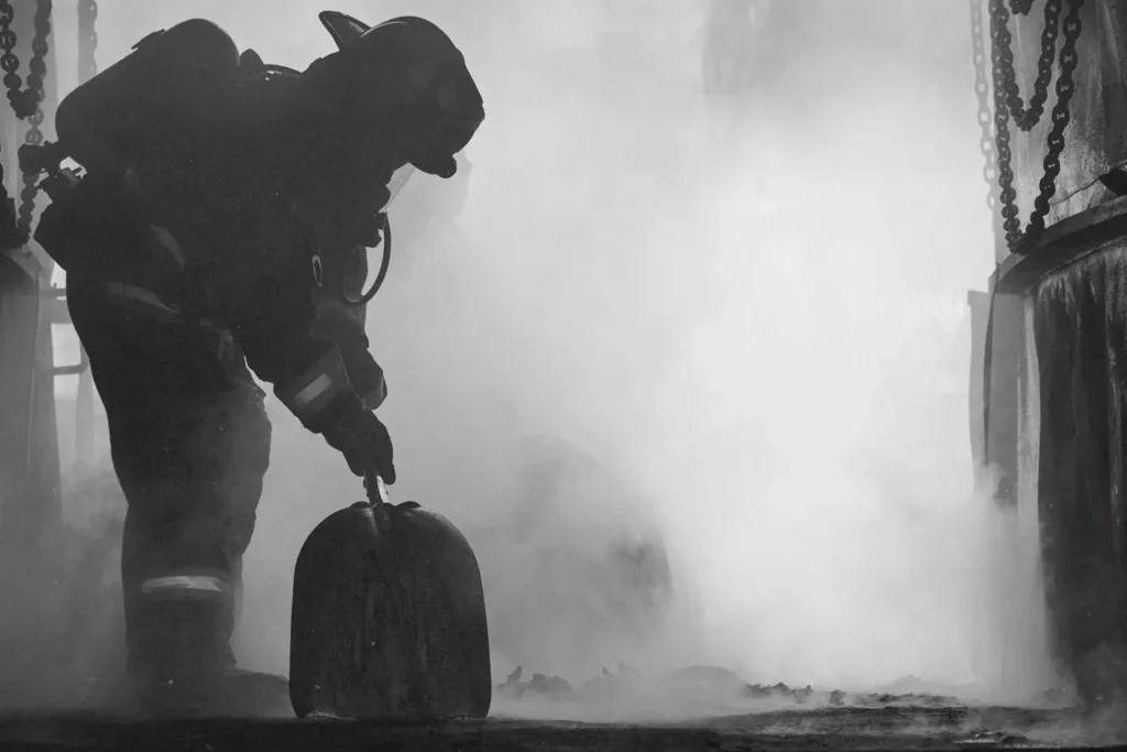 fully suited firefighter in the midst of smoke
