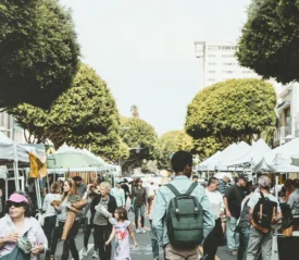 Person walking through crowded street market