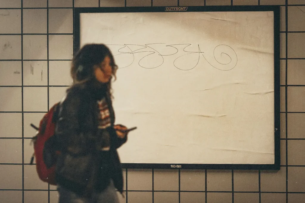 Person walking through a tiled subway station carrying a backpack and holding a phone, passing a large blank advertisement board with scribbles on it