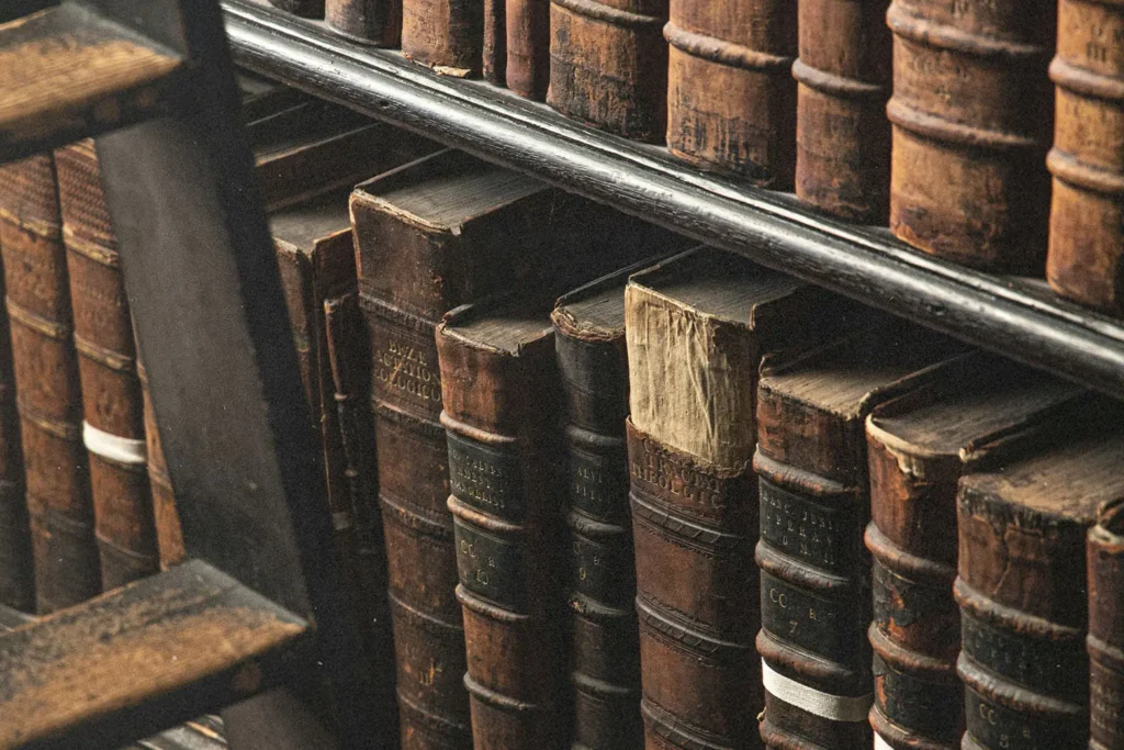 Close-up of old leather-bound books lined tightly on wooden shelves beside a worn wooden ladder