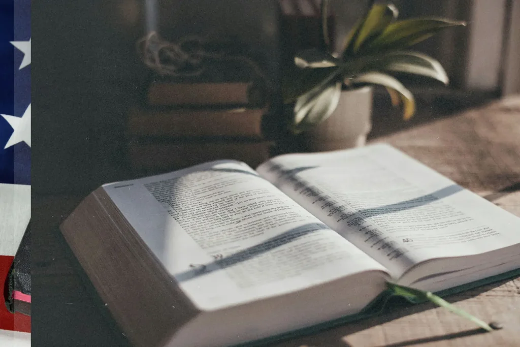An open Bible lies on a wooden table beside potted plants, with sunlight casting soft shadows across the pages