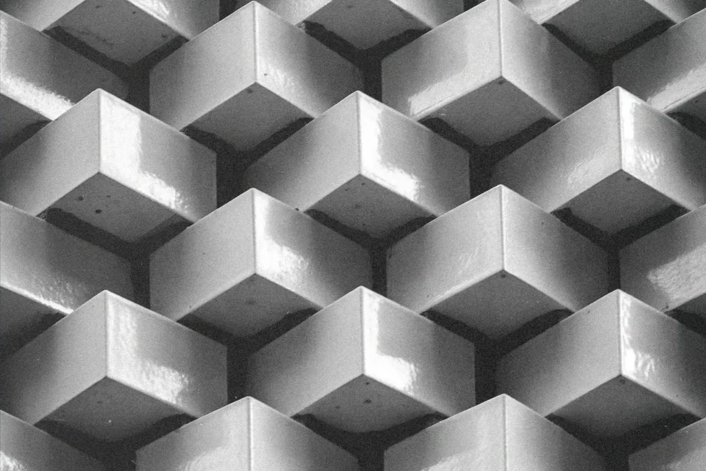 black and white photo of blocks stacked