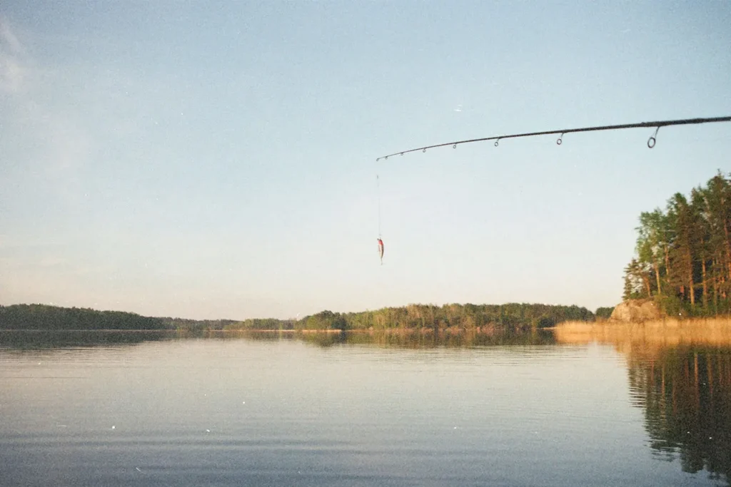 Fishing line with bait hanging over a calm lake at sunset, with trees reflecting on the water