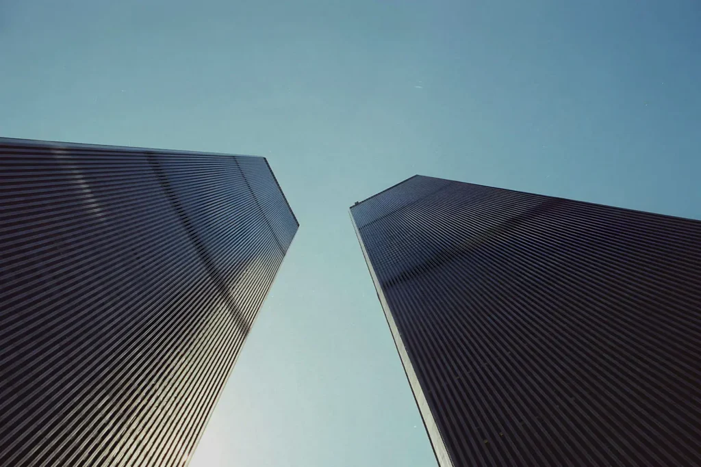 Ground view of the twin towers