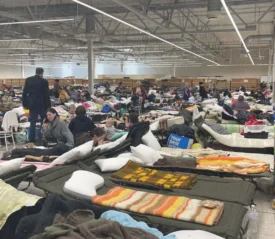Room full of beds for refugees