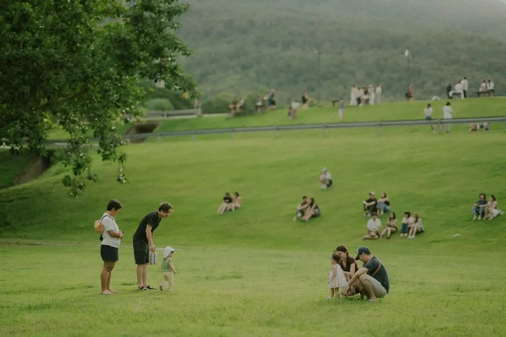 People relaxing and playing on a large grassy hillside, with families and groups scattered across the lawn on a sunny day.
