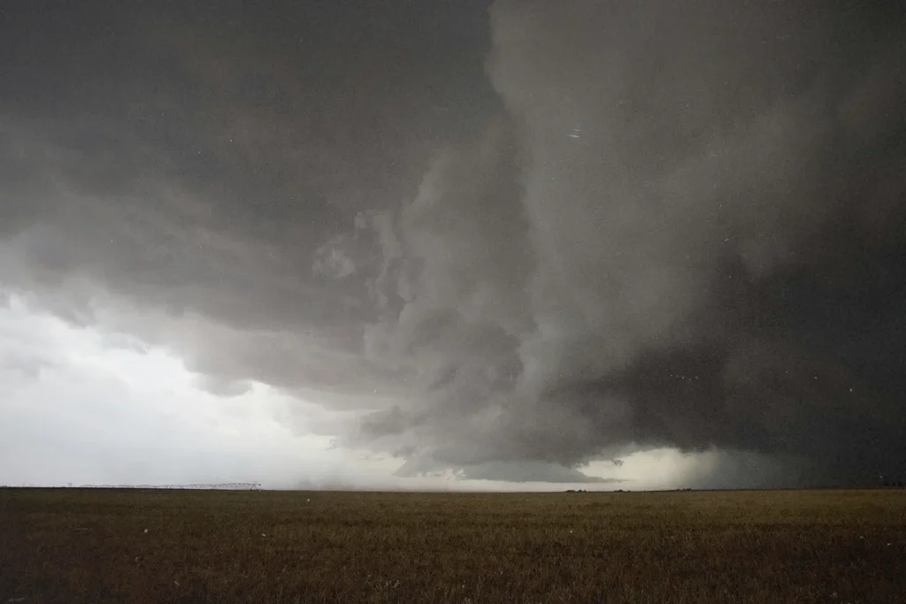 Grey skies over open field