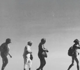 Four people walk in a line across an open landscape, silhouetted against a bright sky