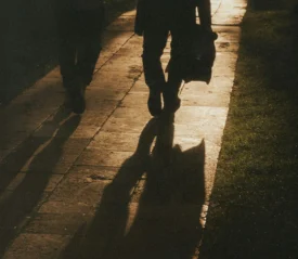 Two people walk along a sunlit path, their long shadows stretching across the pavement in the golden light