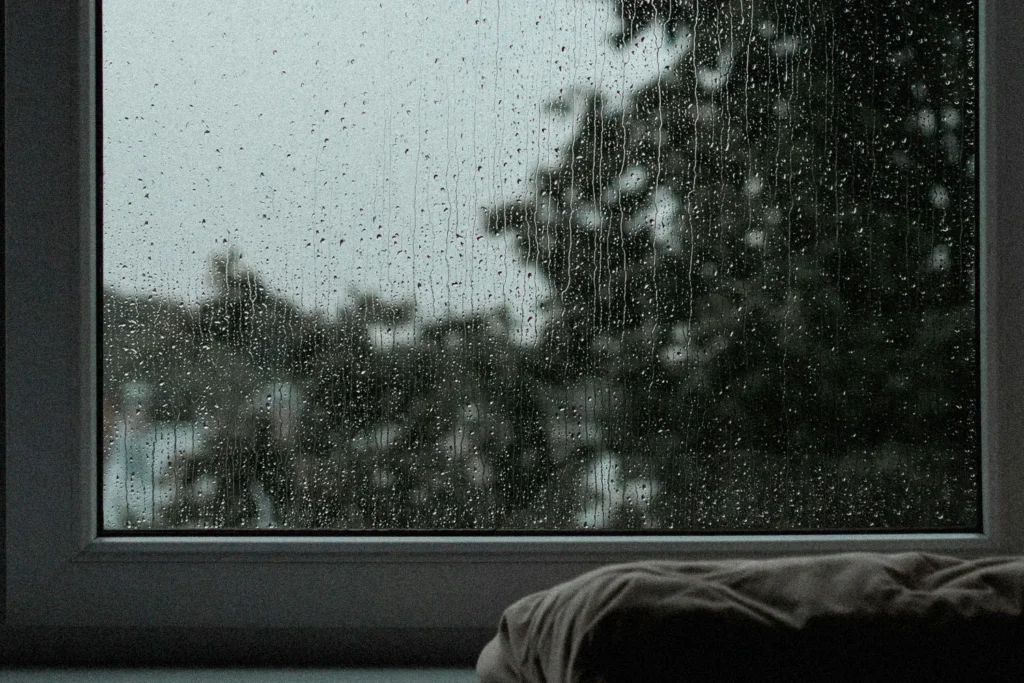 rain streaks down a closed window