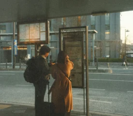 Two people stand at a bus stop examining a posted route map as evening sunlight falls across the street