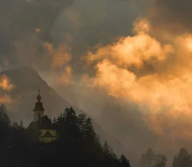 Cathedral peeking out from behind a tree line with a sunset in the sky