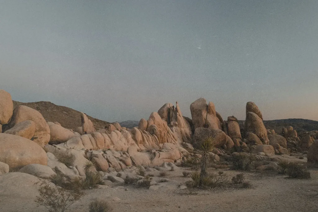 A desert landscape filled with rounded rock formations and sparse shrubs under a pale early‑evening sky