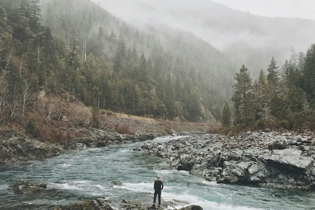 Man standing at a river bank looking out to a forest