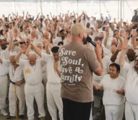 Mike Barber preaching to a crowd of prison inmates