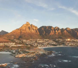 Rocky desert mountains with body of water