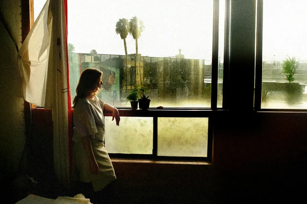 Person standing by a sunlit window with plants, gazing outside as Miracles feel possible in a calm urban setting.