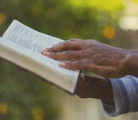 Hand holding an open Bible outdoors, with sunlight illuminating the pages against a soft, green background