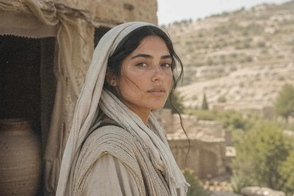 Robed biblical figure standing near a stone doorway in an ancient Middle Eastern landscape, illustrating faith, obedience, and life in biblical times.