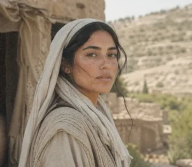 Robed biblical figure standing near a stone doorway in an ancient Middle Eastern landscape, illustrating faith, obedience, and life in biblical times.