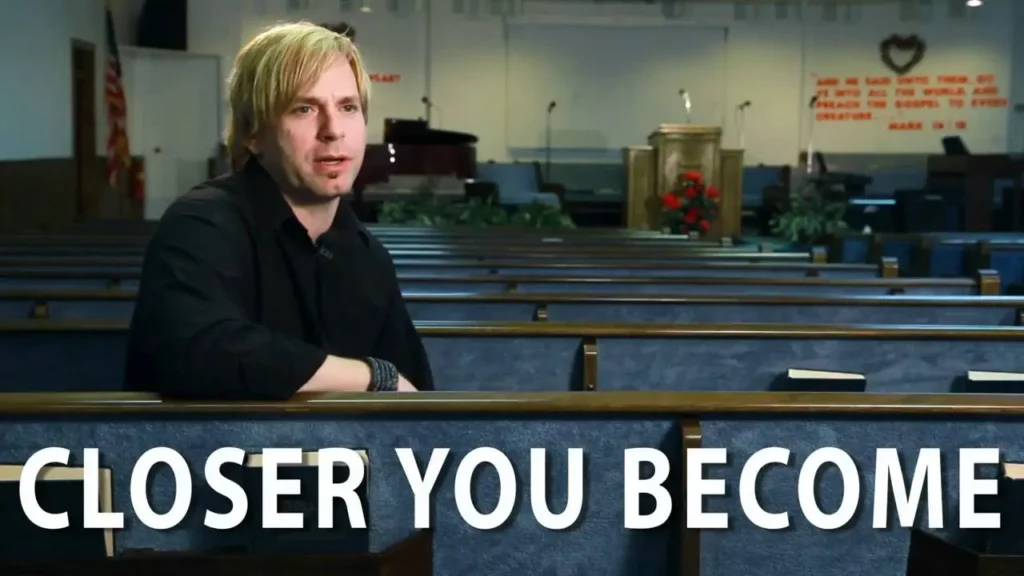 Man with blond hair in a black shirt sits in a church pews, lectern and stage in the background; bold white text 'CLOSER YOU BECOME' across the bottom.