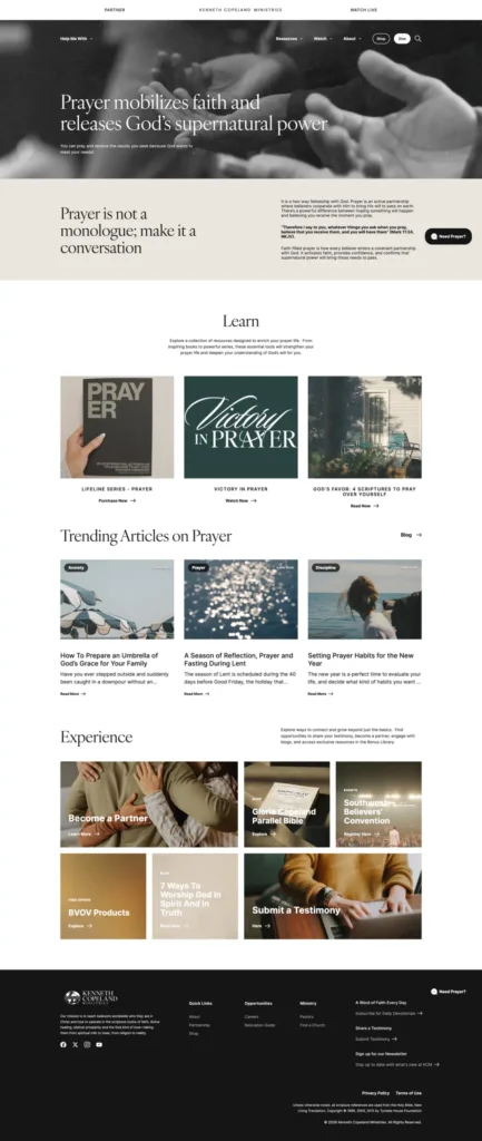 A total screen grab of the Prayer page on the new KCM.org