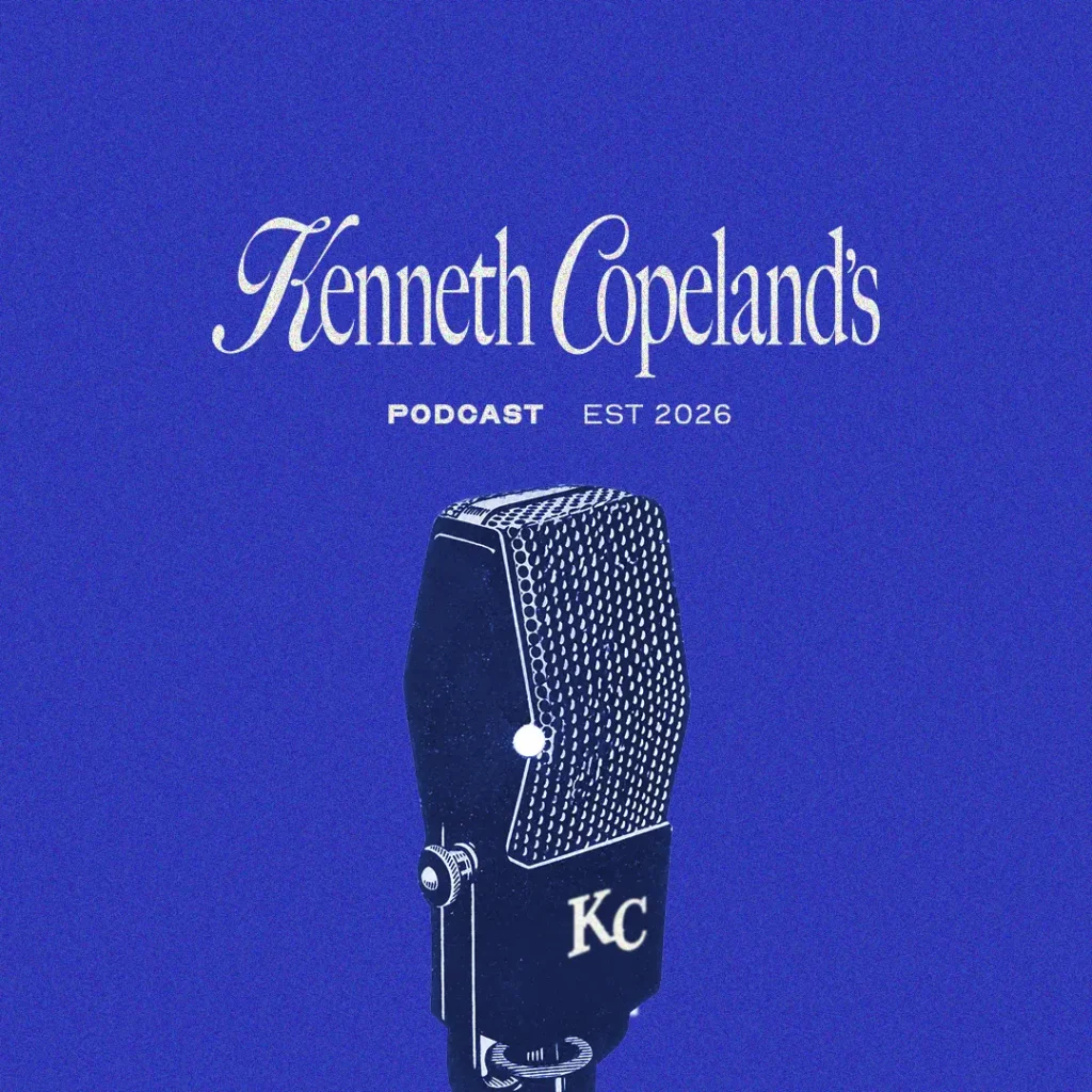 A radio microphone on a blue background with Kenneth Copeland's Podcast